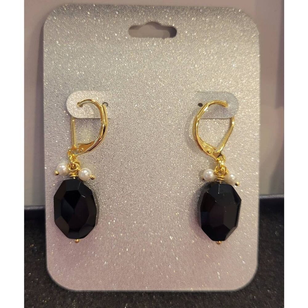 Dangle Earrings Gold Plated 18k Black Gem/Pearl Hypoallergenic